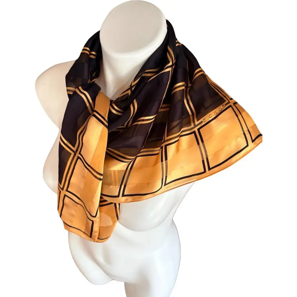 Vintage Echo Silk Scarf 1970s Navy Gold Cream Geometric Windowpane Plaid 30x30